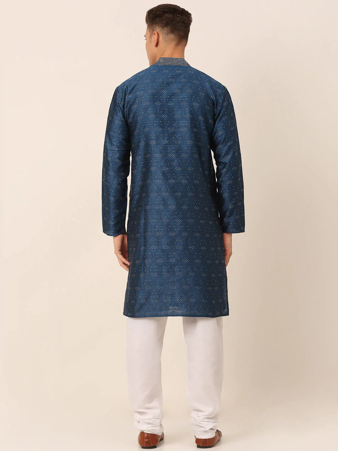 Jompers Men's Silk Blend Collar Embroidered Kurta Pyjama Set - Peacock - Distacart