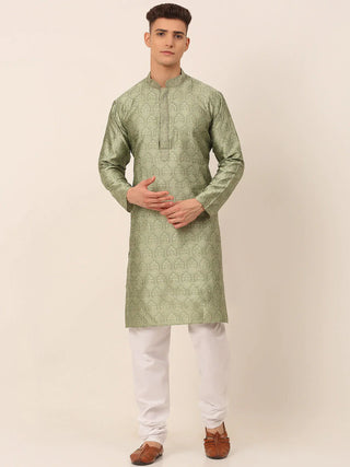 Jompers Men's Silk Blend Collar Embroidered Kurta Pyjama Set - Pista - Distacart