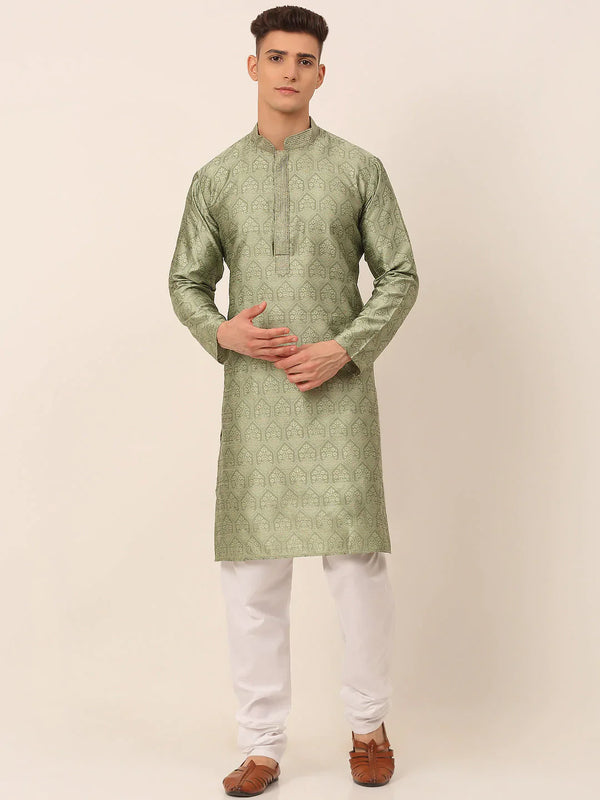 Jompers Men's Silk Blend Collar Embroidered Kurta Pyjama Set - Pista - Distacart