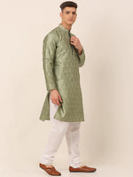 Thumbnail for Jompers Men's Silk Blend Collar Embroidered Kurta Pyjama Set - Pista - Distacart