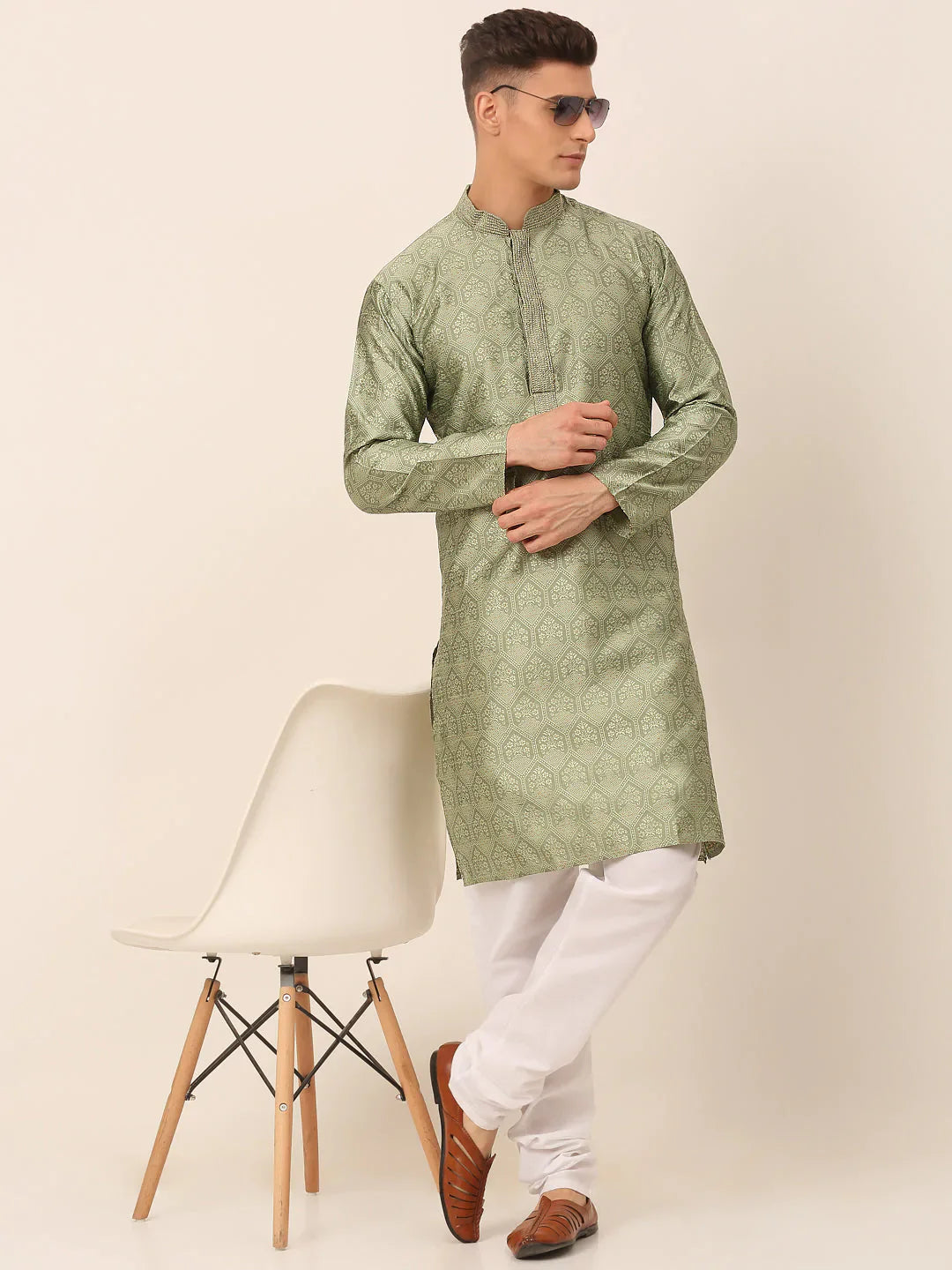 Jompers Men's Silk Blend Collar Embroidered Kurta Pyjama Set - Pista - Distacart