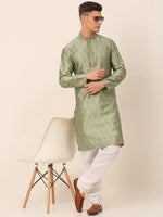 Thumbnail for Jompers Men's Silk Blend Collar Embroidered Kurta Pyjama Set - Pista - Distacart