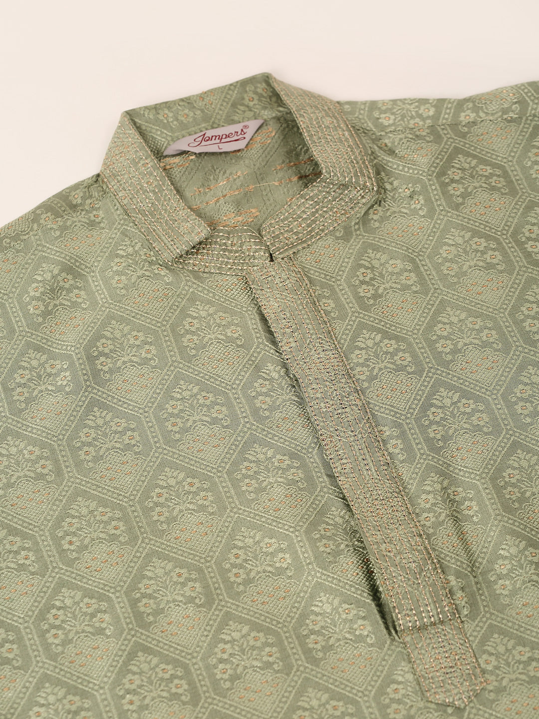 Jompers Men's Silk Blend Collar Embroidered Kurta Pyjama Set - Pista - Distacart