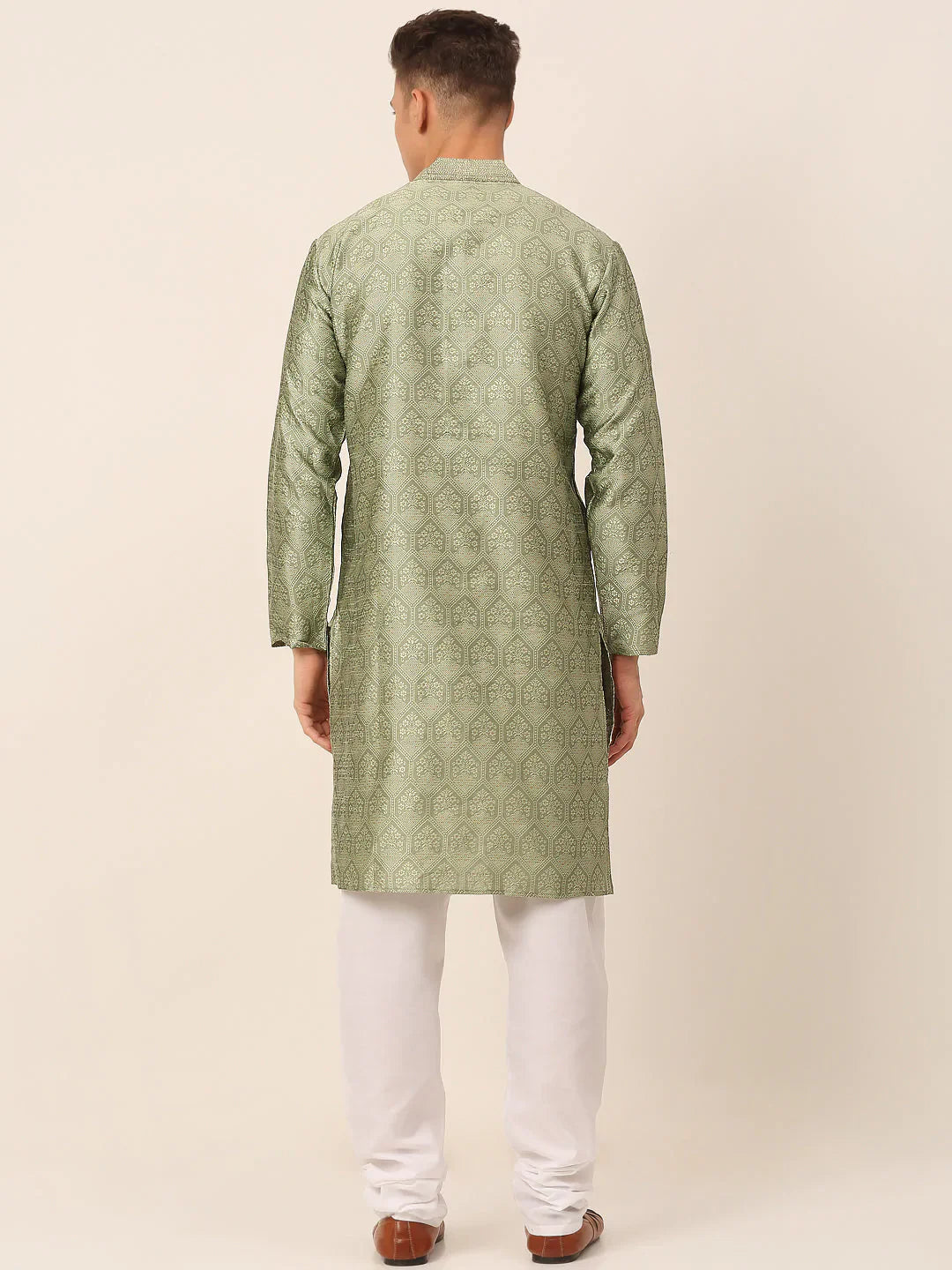 Jompers Men's Silk Blend Collar Embroidered Kurta Pyjama Set - Pista - Distacart