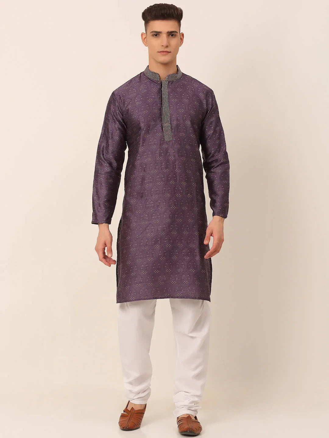 Jompers Men's Silk Blend Collar Embroidered Kurta Pyjama Set - Purple - Distacart
