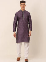 Thumbnail for Jompers Men's Silk Blend Collar Embroidered Kurta Pyjama Set - Purple - Distacart