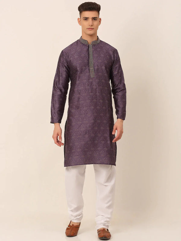 Jompers Men's Silk Blend Collar Embroidered Kurta Pyjama Set - Purple - Distacart