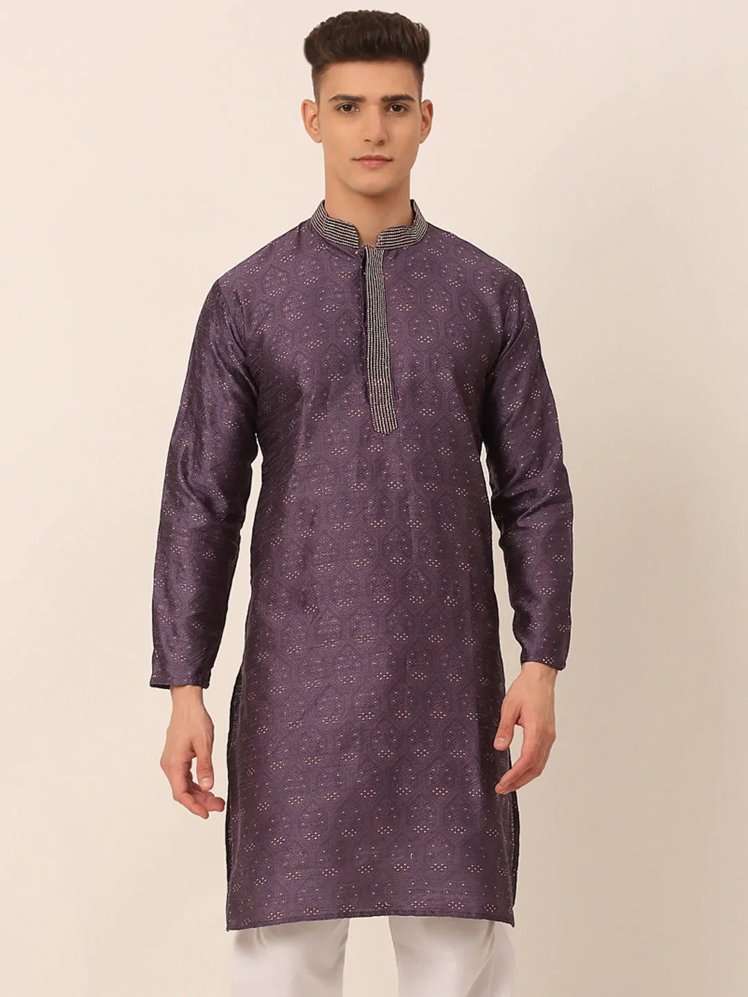 Jompers Men's Silk Blend Collar Embroidered Kurta only - Purple - Distacart