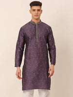 Thumbnail for Jompers Men's Silk Blend Collar Embroidered Kurta only - Purple - Distacart
