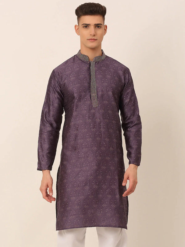 Jompers Men's Silk Blend Collar Embroidered Kurta only - Purple - Distacart