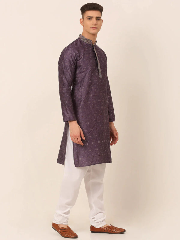 Jompers Men's Silk Blend Collar Embroidered Kurta Pyjama Set - Purple - Distacart