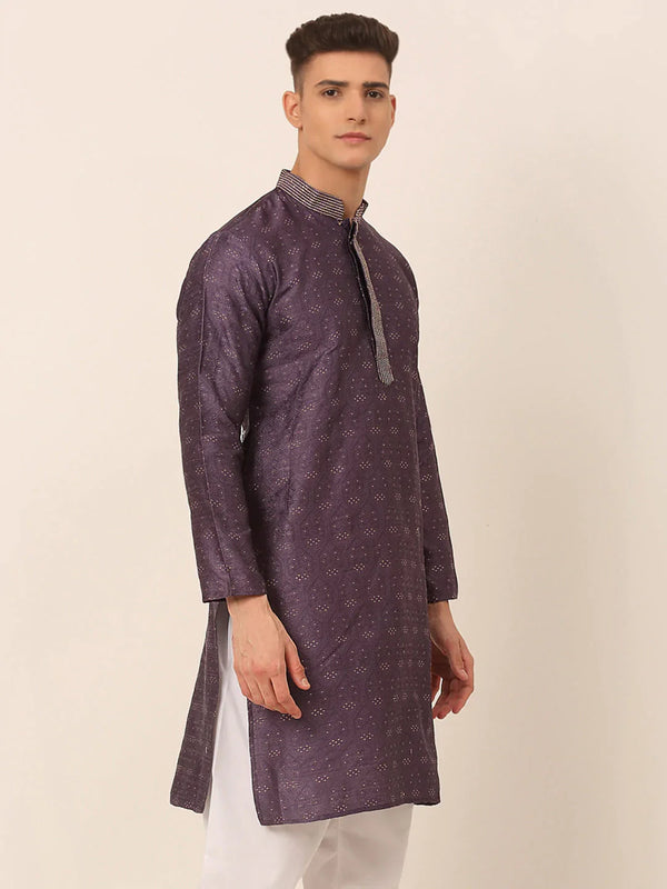 Jompers Men's Silk Blend Collar Embroidered Kurta only - Purple - Distacart