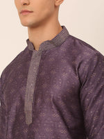 Thumbnail for Jompers Men's Silk Blend Collar Embroidered Kurta Pyjama Set - Purple - Distacart
