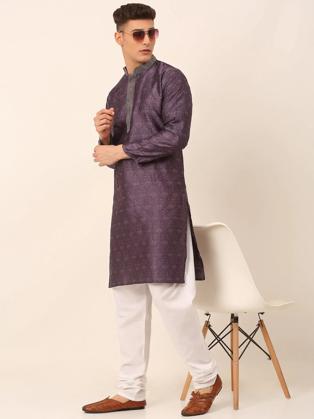Jompers Men's Silk Blend Collar Embroidered Kurta Pyjama Set - Purple - Distacart