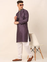 Thumbnail for Jompers Men's Silk Blend Collar Embroidered Kurta Pyjama Set - Purple - Distacart