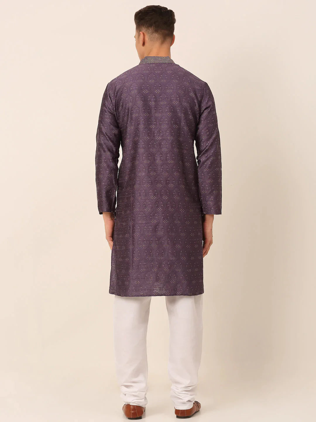 Jompers Men's Silk Blend Collar Embroidered Kurta Pyjama Set - Purple - Distacart