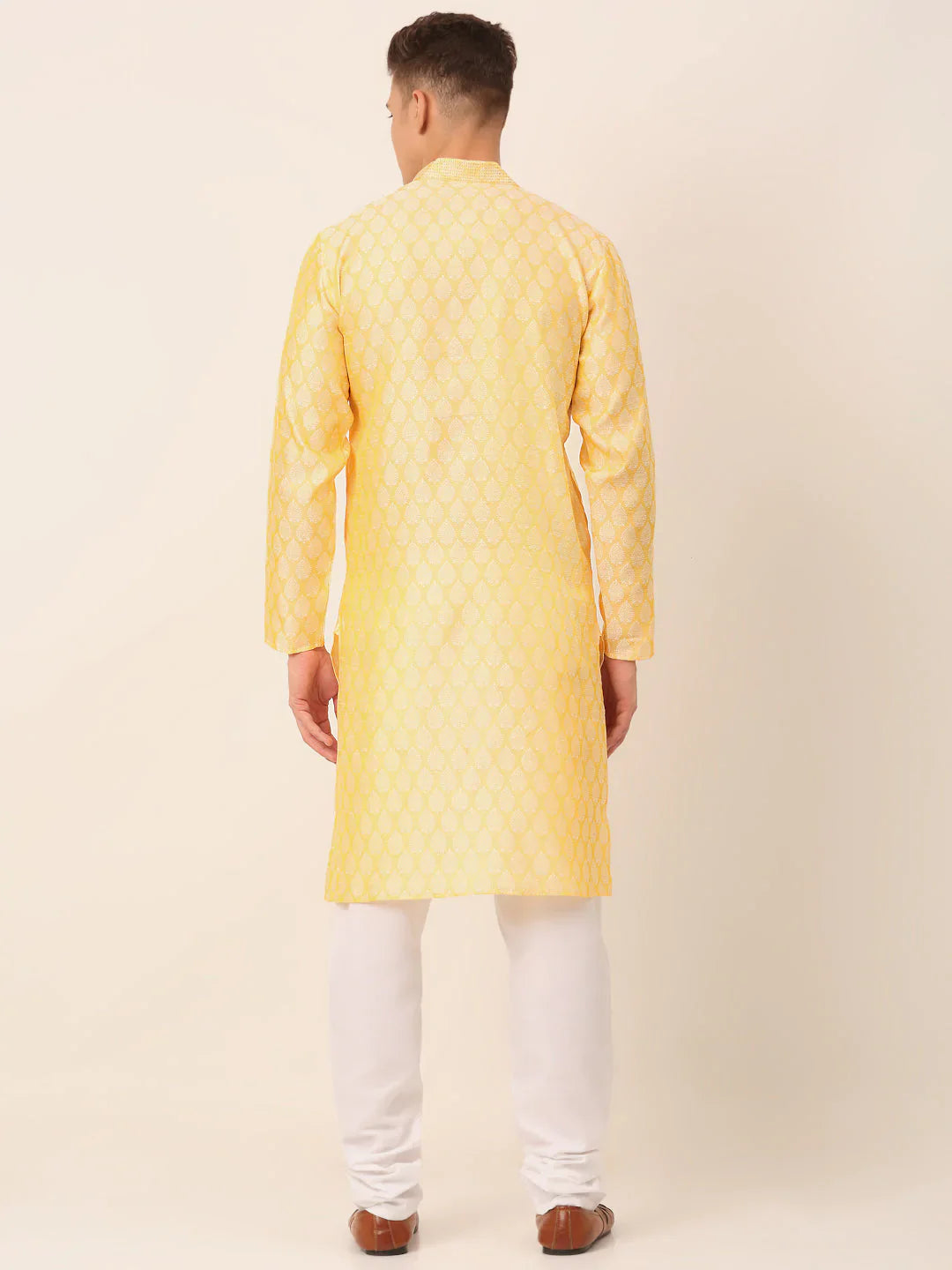 Jompers Men's Silk Blend Collar Embroidered Kurta Pyjama Set - Golden - Distacart