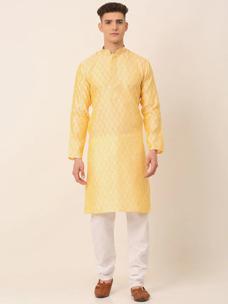 Jompers Men's Silk Blend Collar Embroidered Kurta Pyjama Set - Golden - Distacart