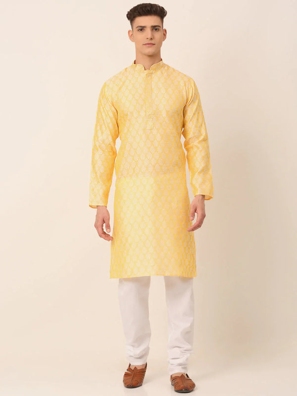 Jompers Men's Silk Blend Collar Embroidered Kurta Pyjama Set - Golden - Distacart