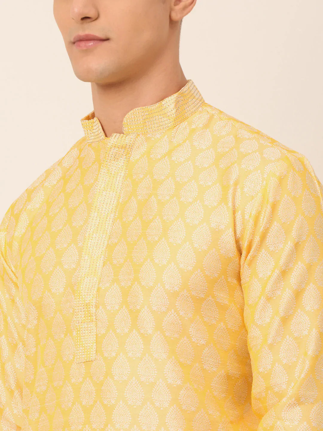 Jompers Men's Silk Blend Collar Embroidered Kurta Pyjama Set - Golden - Distacart
