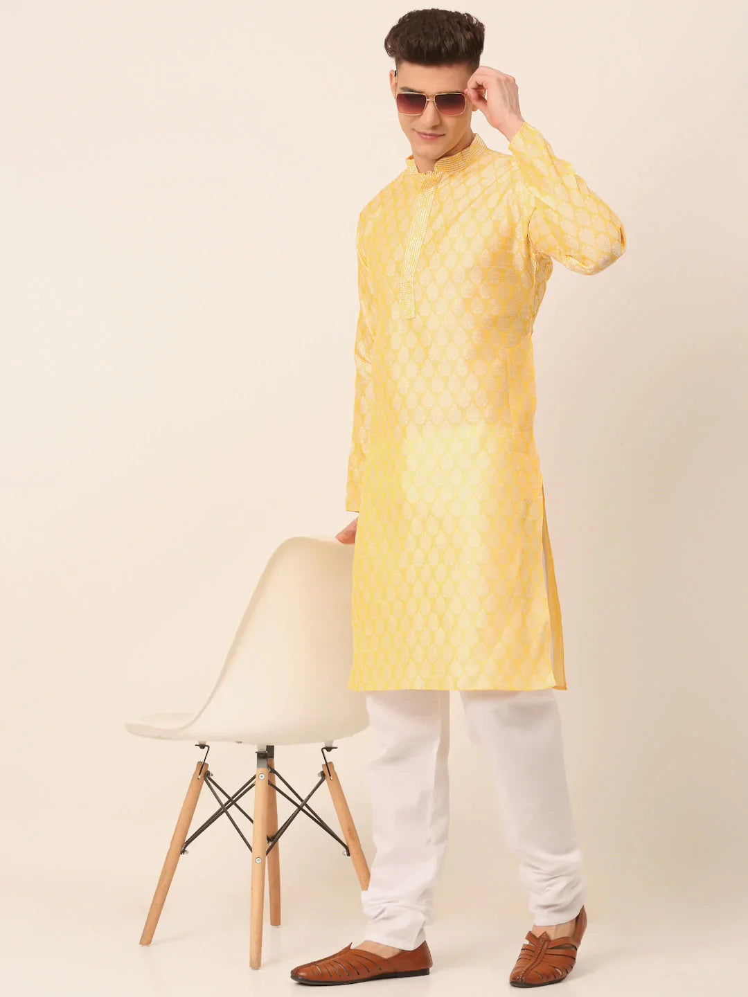 Jompers Men's Silk Blend Collar Embroidered Kurta Pyjama Set - Golden - Distacart
