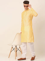 Thumbnail for Jompers Men's Silk Blend Collar Embroidered Kurta Pyjama Set - Golden - Distacart