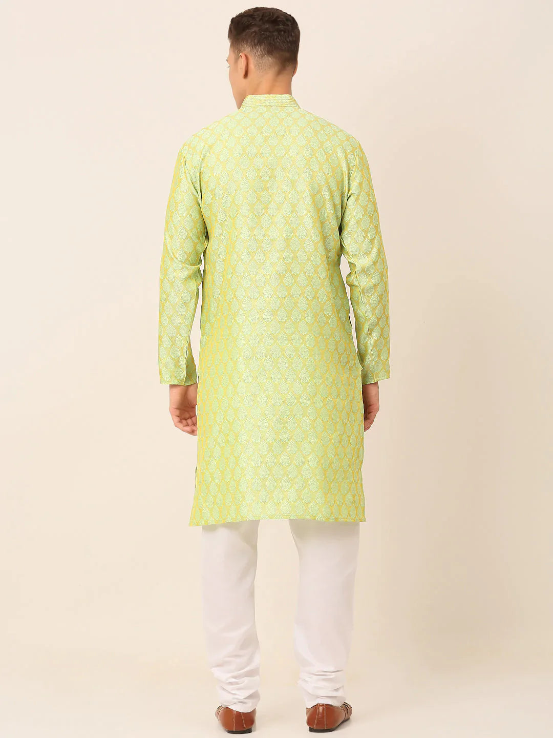 Jompers Men's Silk Blend Collar Embroidered Kurta Pyjama Set - Green - Distacart