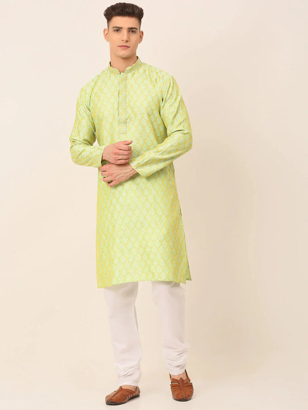 Jompers Men's Silk Blend Collar Embroidered Kurta Pyjama Set - Green - Distacart