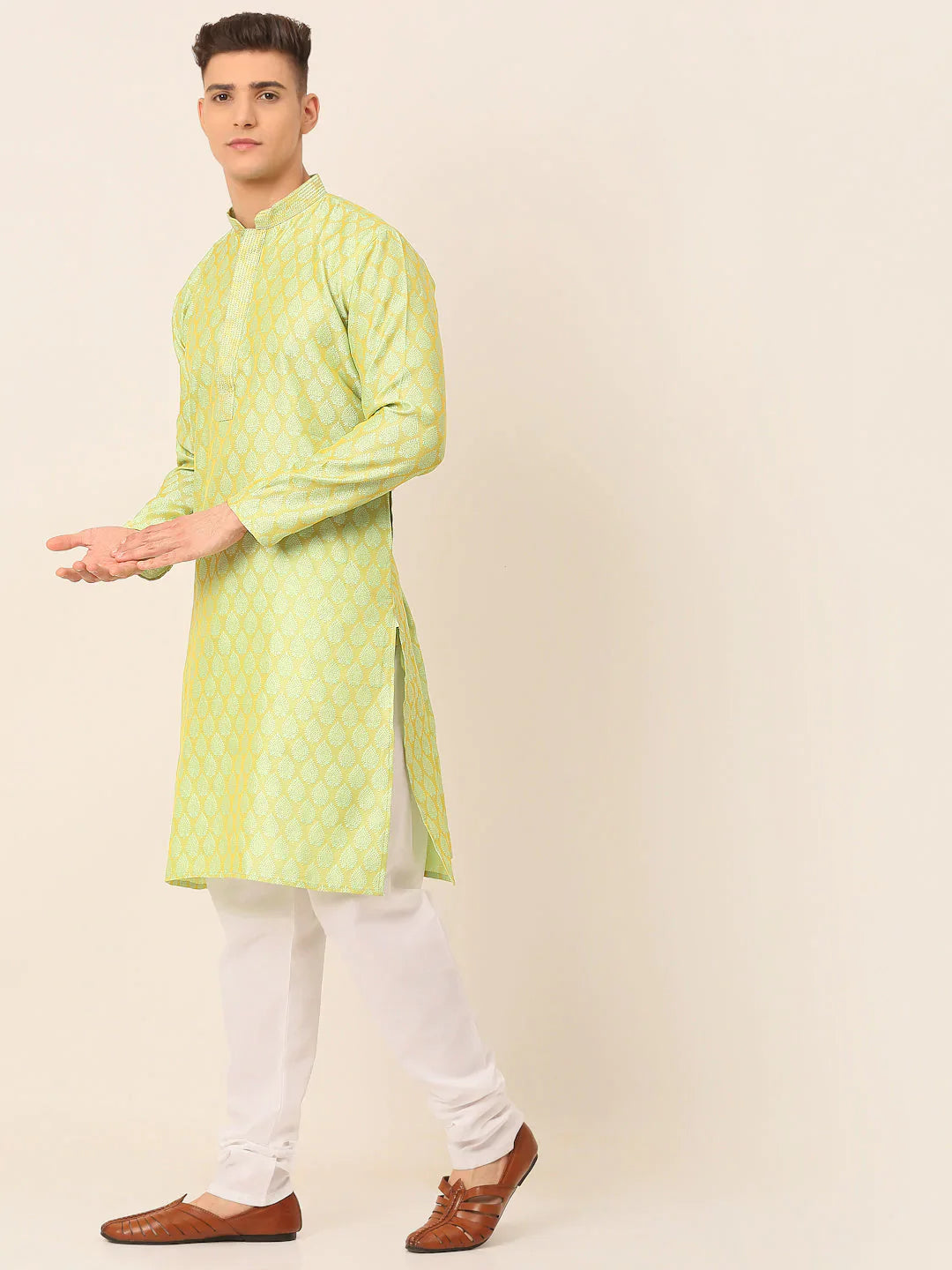 Jompers Men's Silk Blend Collar Embroidered Kurta Pyjama Set - Green - Distacart