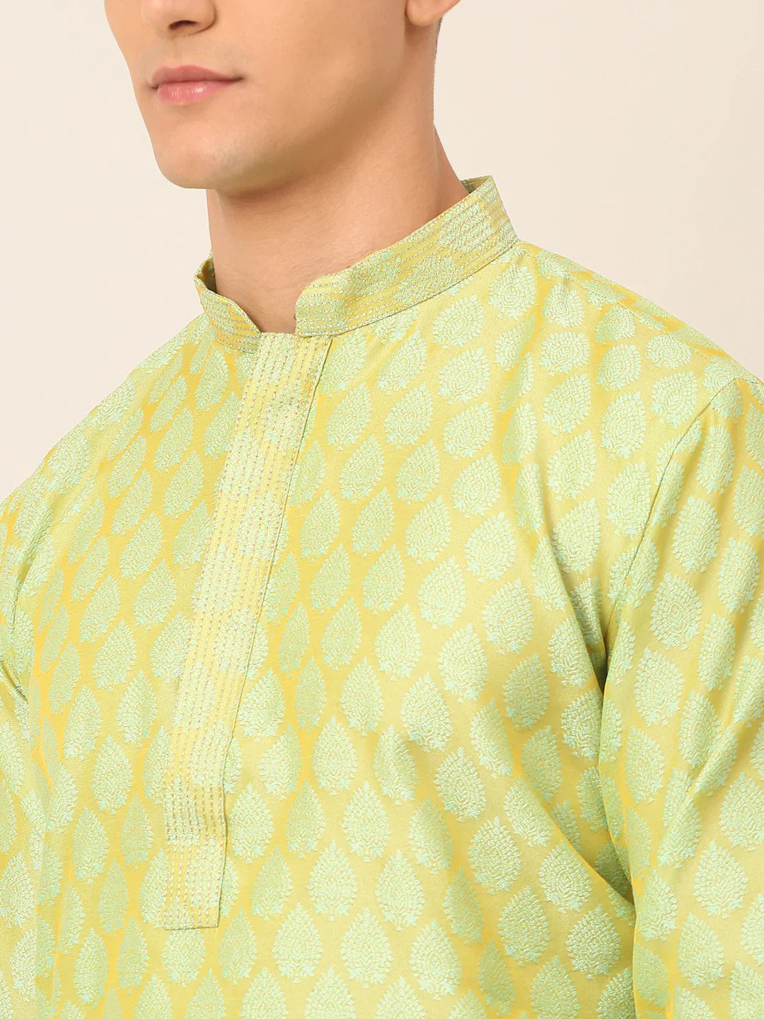 Jompers Men's Silk Blend Collar Embroidered Kurta Pyjama Set - Green - Distacart