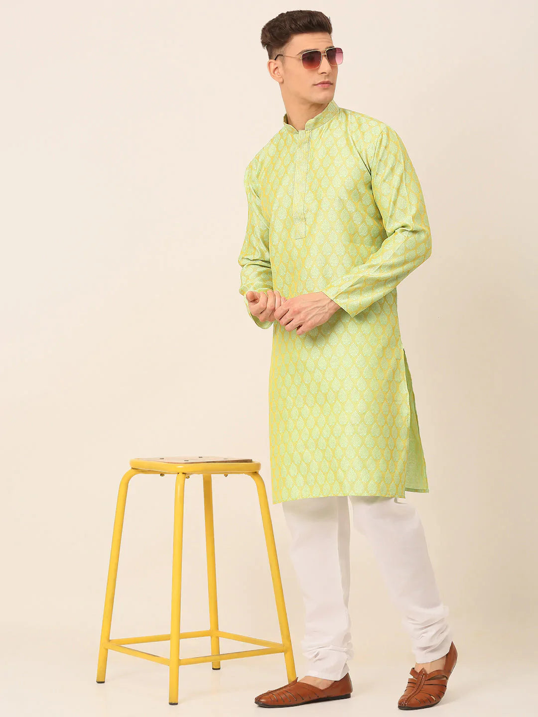 Jompers Men's Silk Blend Collar Embroidered Kurta Pyjama Set - Green - Distacart