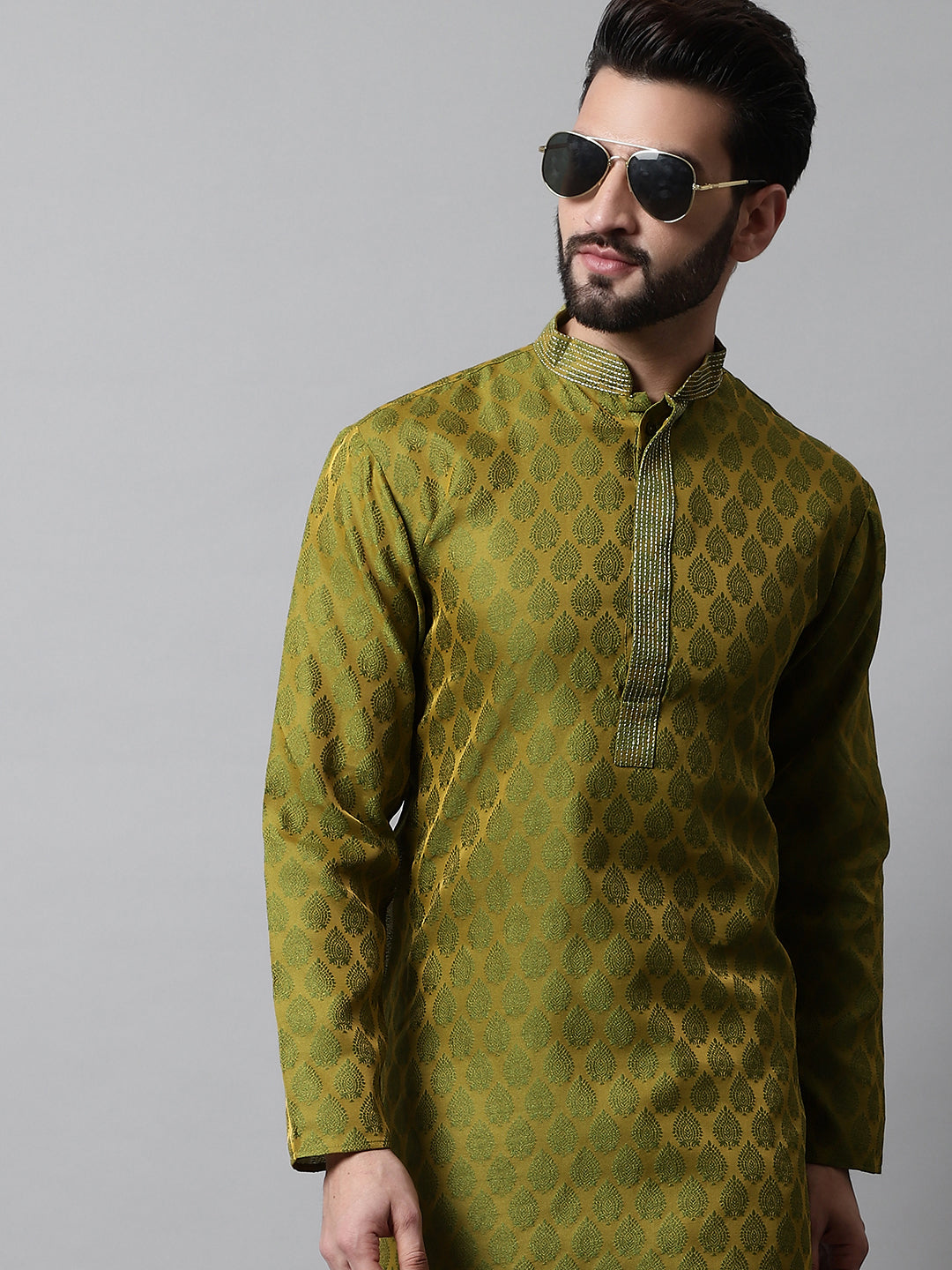 Jompers Men's Olive Green and White Woven Design Kurta With Churidar - Distacart