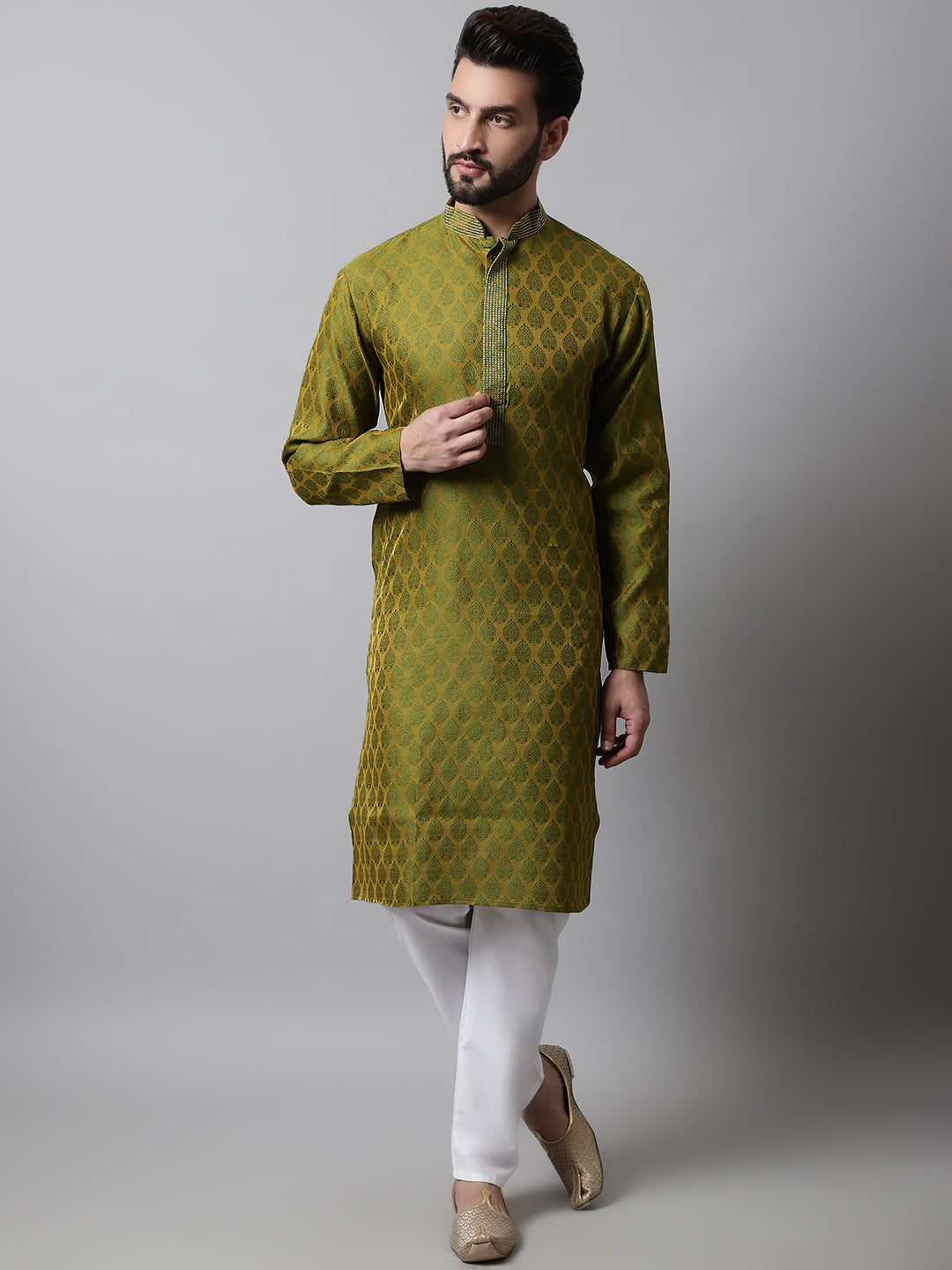 Jompers Men's Olive Green and White Woven Design Kurta With Churidar - Distacart