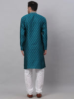 Thumbnail for Jompers Men's Silk Blend Collar Embroidered Kurta Pyjama Set - Peacock - Distacart