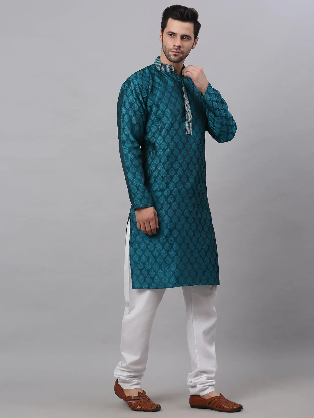 Jompers Men's Silk Blend Collar Embroidered Kurta Pyjama Set - Peacock - Distacart