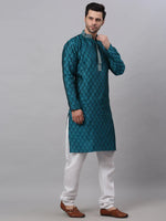 Thumbnail for Jompers Men's Silk Blend Collar Embroidered Kurta Pyjama Set - Peacock - Distacart