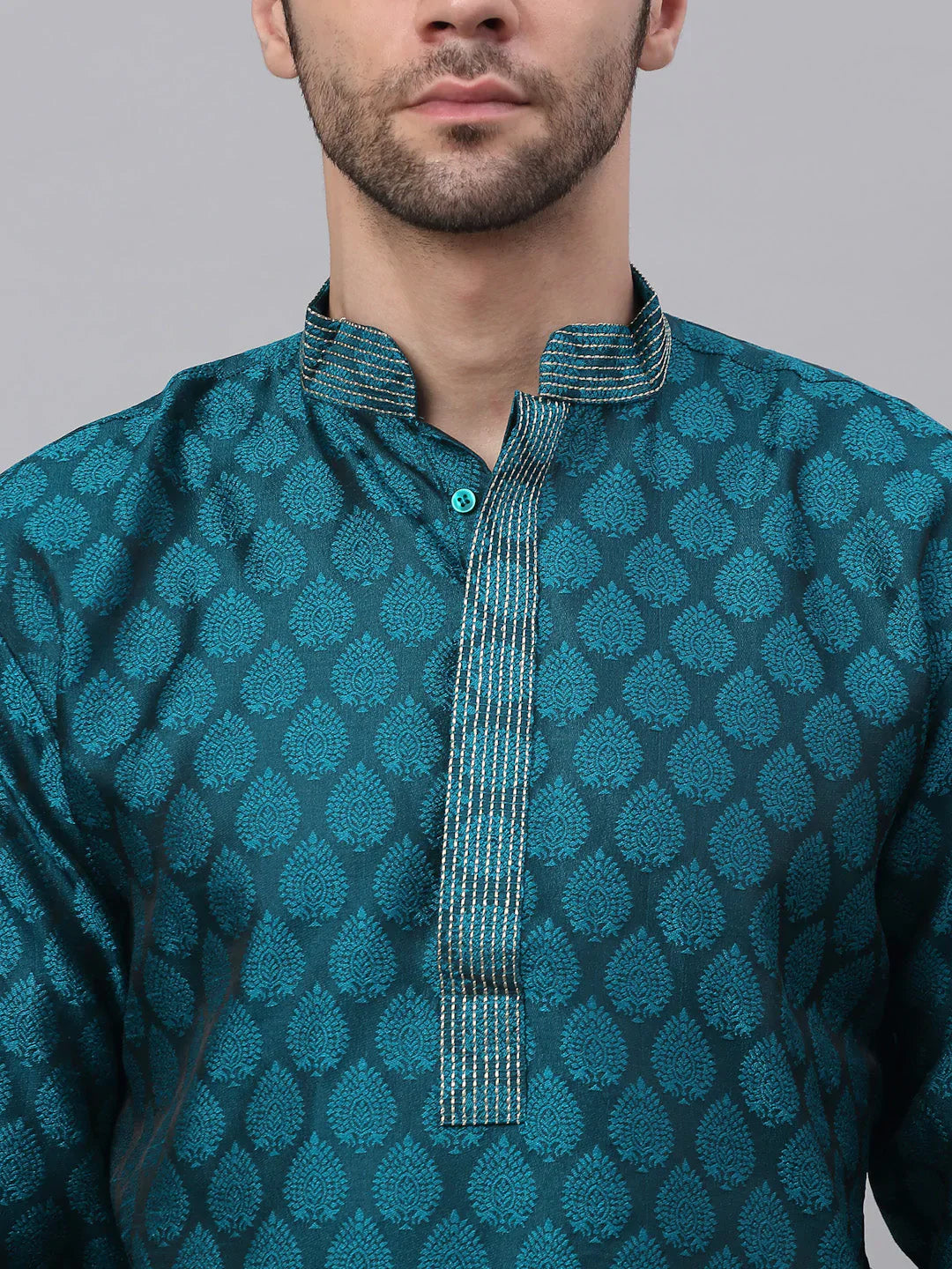 Jompers Men's Silk Blend Collar Embroidered Kurta Pyjama Set - Peacock - Distacart