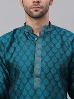 Thumbnail for Jompers Men's Silk Blend Collar Embroidered Kurta Pyjama Set - Peacock - Distacart