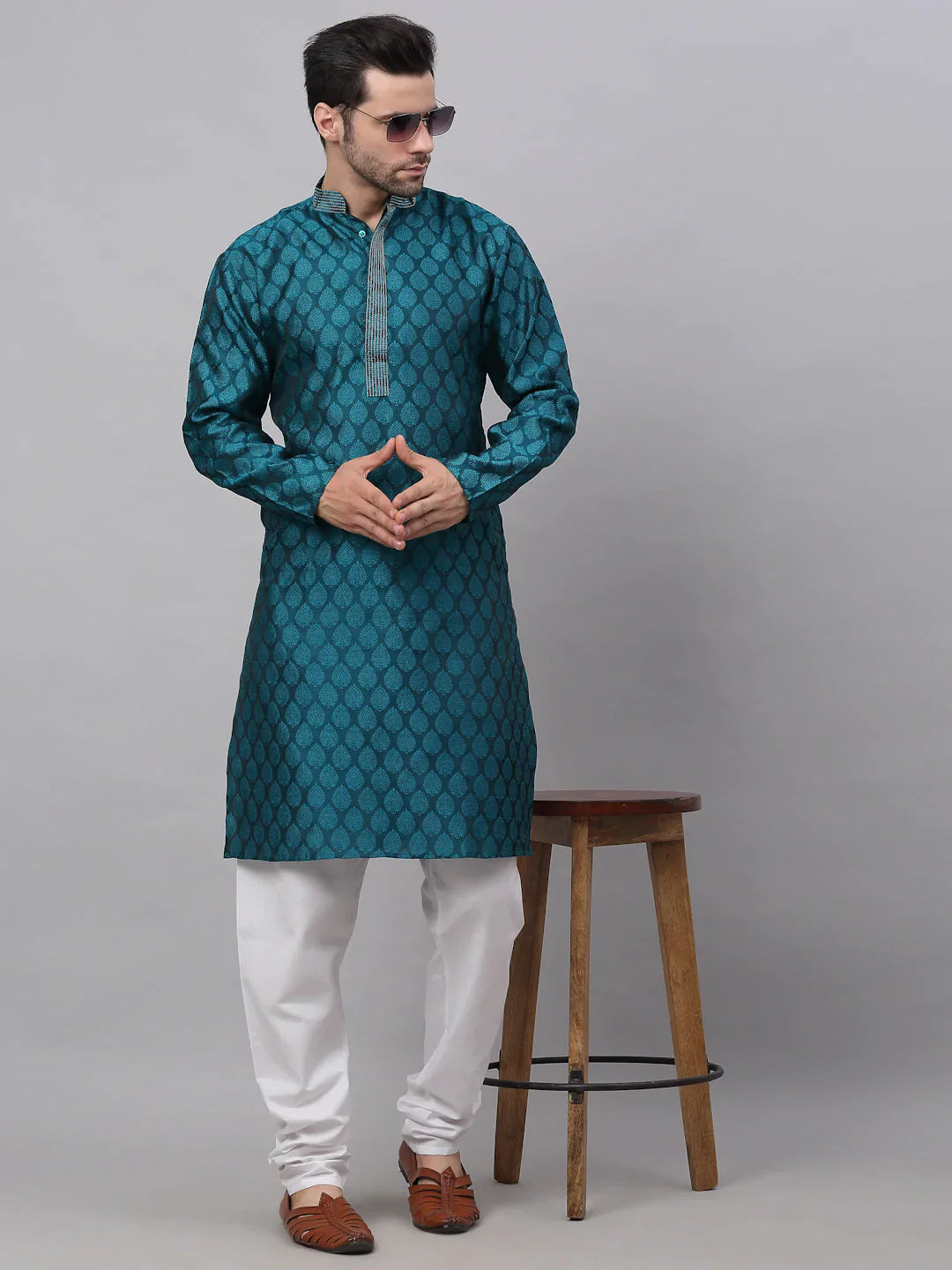 Jompers Men's Silk Blend Collar Embroidered Kurta Pyjama Set - Peacock - Distacart