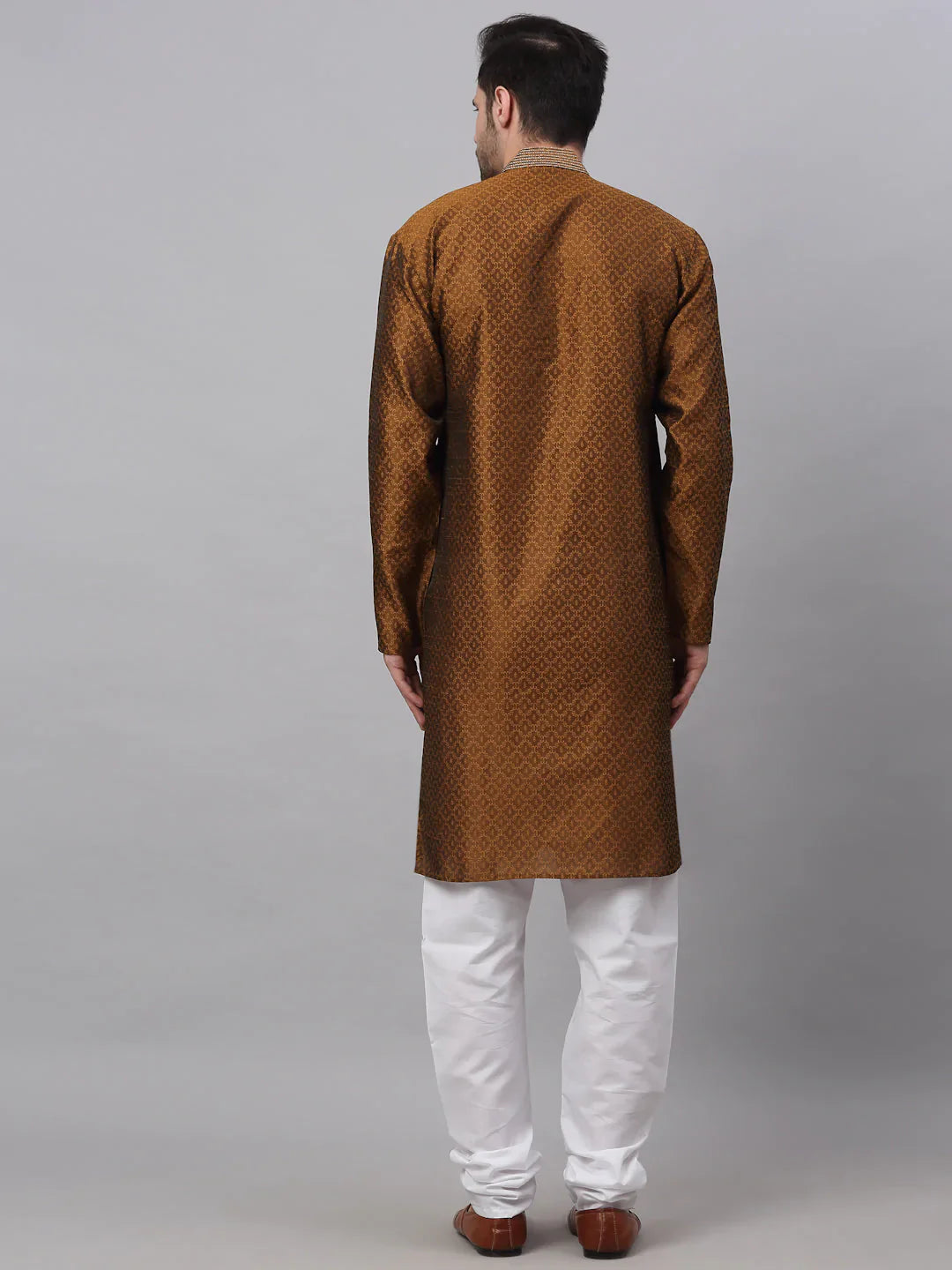 Jompers Men's Silk Blend Collar Embroidered Kurta Pyjama Set - Brown - Distacart