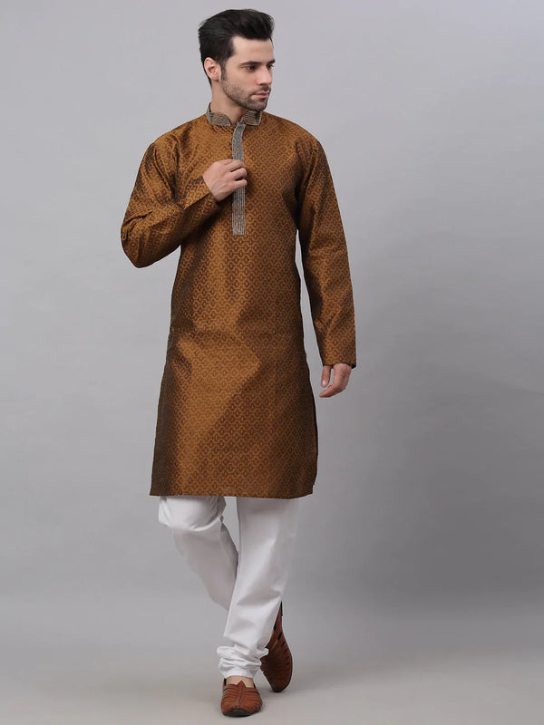 Jompers Men's Silk Blend Collar Embroidered Kurta Pyjama Set - Brown - Distacart