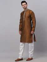 Thumbnail for Jompers Men's Silk Blend Collar Embroidered Kurta Pyjama Set - Brown - Distacart