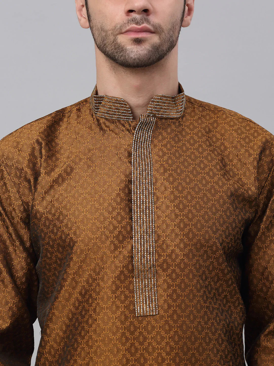 Jompers Men's Silk Blend Collar Embroidered Kurta Pyjama Set - Brown - Distacart