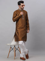 Thumbnail for Jompers Men's Silk Blend Collar Embroidered Kurta Pyjama Set - Brown - Distacart