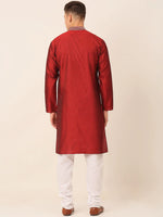 Thumbnail for Jompers Men's Silk Blend Collar Embroidered Kurta Pyjama Set - Maroon - Distacart