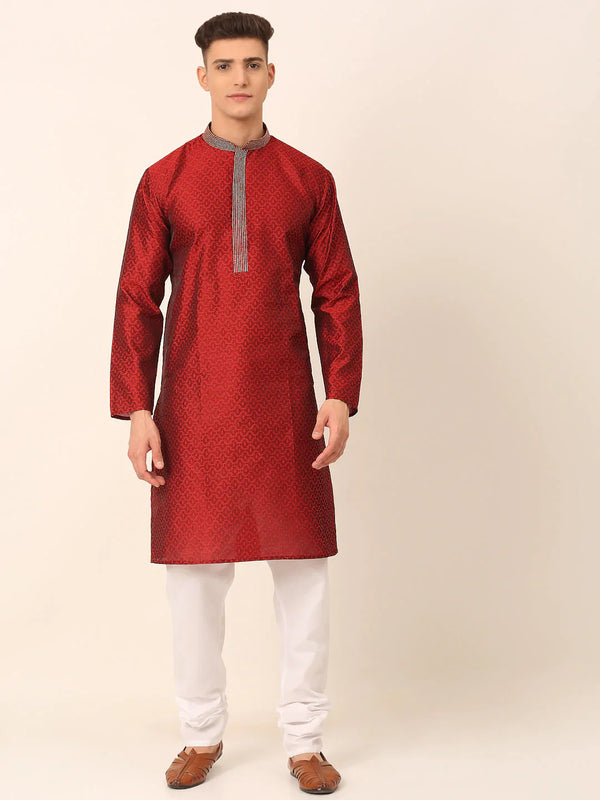 Jompers Men's Silk Blend Collar Embroidered Kurta Pyjama Set - Maroon - Distacart