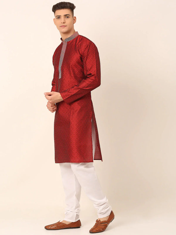 Jompers Men's Silk Blend Collar Embroidered Kurta Pyjama Set - Maroon - Distacart
