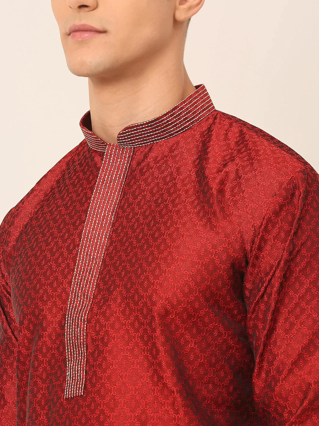 Jompers Men's Silk Blend Collar Embroidered Kurta Pyjama Set - Maroon - Distacart