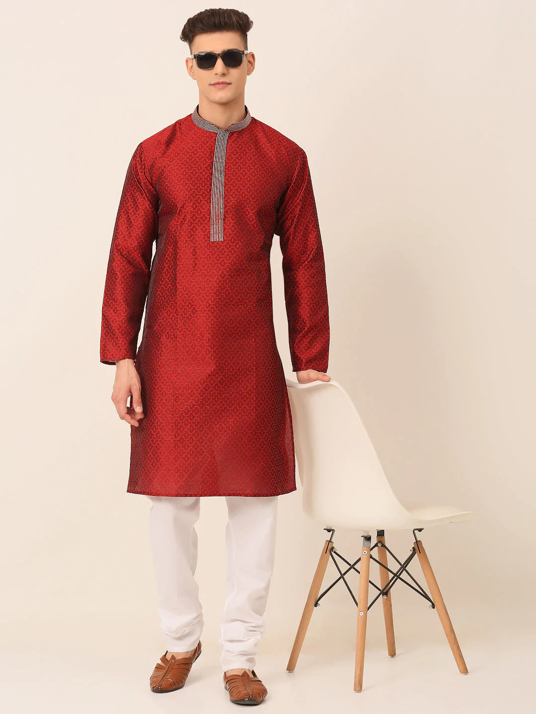 Jompers Men's Silk Blend Collar Embroidered Kurta Pyjama Set - Maroon - Distacart