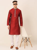 Thumbnail for Jompers Men's Silk Blend Collar Embroidered Kurta Pyjama Set - Maroon - Distacart